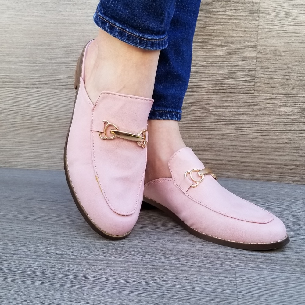 Pink Slip on flat mule loafer W gold buckle_8